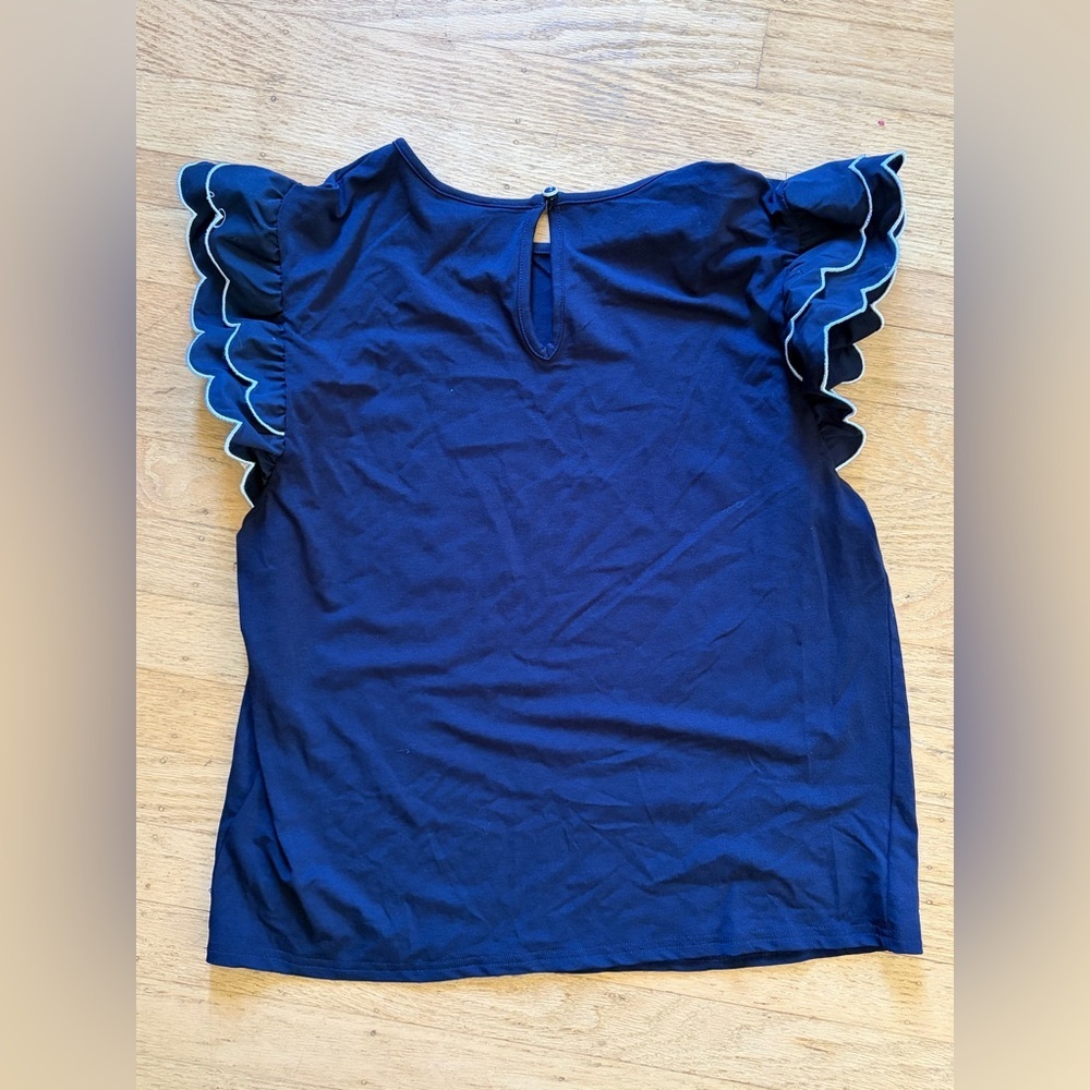 Nanette Lepore scallop trim ruffle sleeve cotton and modal tee shirt navy blue - Picture 5 of 6